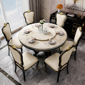 美式轻奢餐桌餐椅组合欧式大理石实木餐桌4人6人圆桌家用圆形桌子