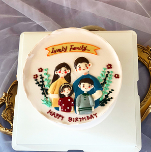 小红书清新手绘一家四口人物卡通低糖动物奶油纪念日生日蛋糕成都