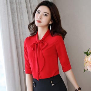 职业女雪纺衬衫2020春夏新款红色中袖时尚气质洋气蝴蝶结短袖