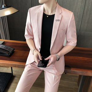 韩版修身夜场上班五分中袖小西服套装男夏季薄款帅气粉色休闲西装