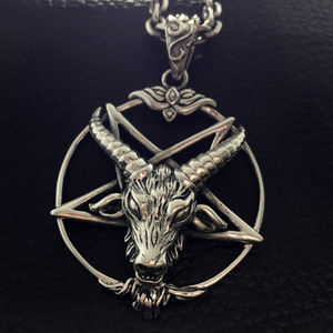 不拘925纯银作旧倒五芒星羊头撒旦男士吊坠 哥特暗黑复古项链