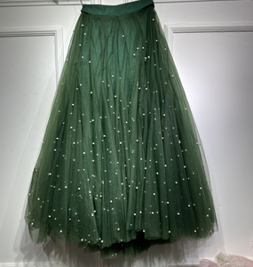 女王家高级定制 墨绿色大摆超蓬显瘦纱裙珍珠装饰半身蓬蓬裙