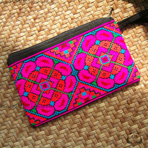 大熊猫|云南民族风十字绣花刺绣拉链手拎手拿小包钱包手机包撞色