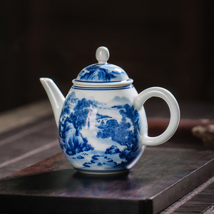 枭窑 景德镇茶具柴窑青花陶瓷茶壶山水小品壶泡茶蛋形壶满工手绘