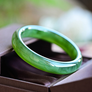 【绿猫】56圈口天然和田玉山料玉石珠宝手镯阳绿色碧玉猫眼平安镯