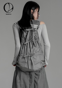 现货binary01韩国小众官网代购 街头风纯色抽褶系带双肩包背包女