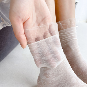 韩版花边网纱堆堆袜子女夏季超薄蕾丝jk配皮鞋夏天白色冰丝中筒袜