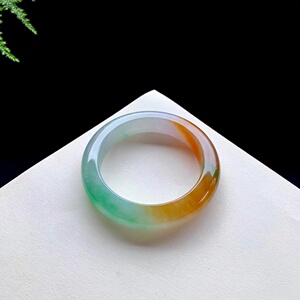 华之羽 54缅甸翡翠手镯 三彩老坑冰种满色春彩阳绿玉镯女平安镯子