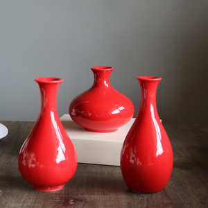 陶瓷花瓶摆件中国红客厅干花插湿花器餐桌中式红色小花器创意包邮