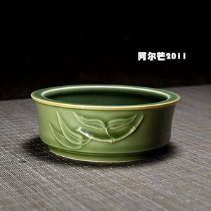 龙泉青瓷龙窑柴烧全手工刻花拉坯黄汉弟大师作品竹叶小洗特价包邮