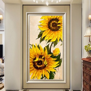 纯手绘入户玄关装饰画竖版走廊尽头壁画花卉厚油刀画向日葵油画