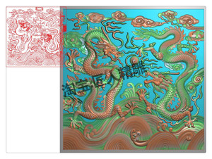 二龙戏珠门板双龙大海对龙竖龙木雕石雕大板精雕图jdp浮雕灰度图