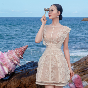 越南小众设计师网纱蕾丝连衣裙宫廷刺绣花朵收腰甜美小礼服短裙
