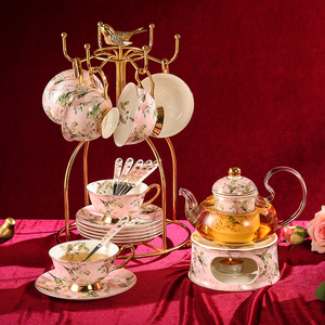 英式骨瓷下午茶茶具轻奢玻璃煮水果花茶壶带过滤茶杯套装蜡烛加热