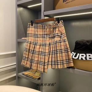 法国代购Burberry/巴宝莉新款格纹格子拼接百褶裙高腰A字裙短裙女