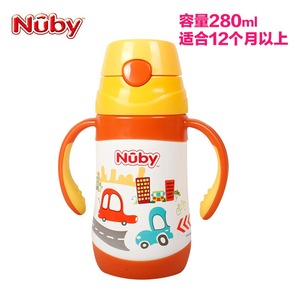 Nuby/努比 儿童保温杯304不锈钢带吸管真空鸭嘴按键式背带保温杯