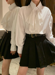 nono2024年春季新款白色衬衫上衣女韩系设计感蝴蝶结蕾丝拼接衬衣