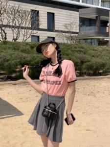 瘦竹竿自制短袖T恤女夏季显瘦圆领字母撞色印花韩版…