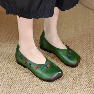 春季绿色女鞋方头浅口平底鞋舒适软底低跟鞋子花朵单鞋女复古文艺
