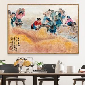 新中式五谷丰收装饰画60年代农民秋收挂画家庭饭厅餐桌横向墙壁画