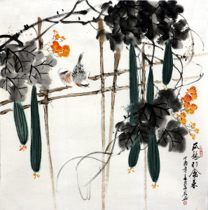 纯手绘四尺斗方书房餐厅写意花鸟丝瓜三思图名人字画国画中国书画