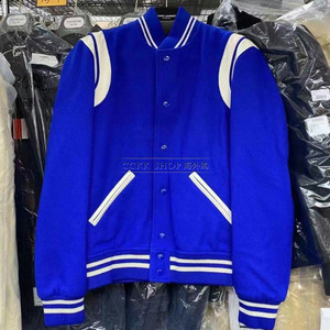 saint laurent paris slp 拼皮 蓝色/绿色 羊毛 棒球服外套夹克