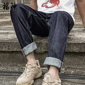 福神潮牌原浆丹宁牛仔长裤男中腰小脚裤赤耳闪电绣花原色重磅养牛