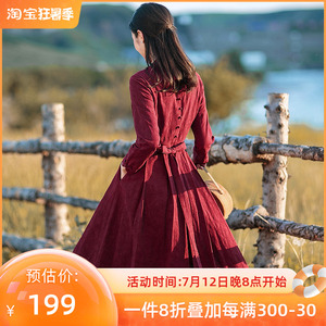 红念红色棉麻连衣裙中长款女装2022年春装新款春秋亚麻料长袖裙子