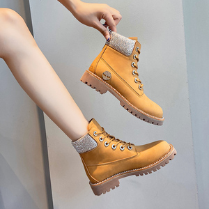 宋茜同款jc水钻大黄靴马丁靴女冬加绒2020新款英伦风真皮厚底短靴