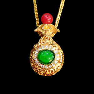 玉翠情怀翡翠琳珑珠宝原创设计女古法黄金18k金镶嵌玉石福袋吊坠