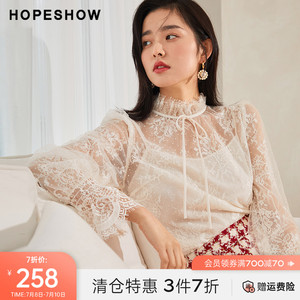 红袖洋气小衫漂亮春季2022新款女装淑女灯笼袖系带蕾丝衫两件套