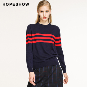 红袖女装冬装新款宽松撞色条纹圆领针织打底衫上衣套头毛衣