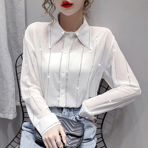 韩国白色衬衫女2020新款设计感小众镶钻雪纺长袖衬衣洋气时尚上衣
