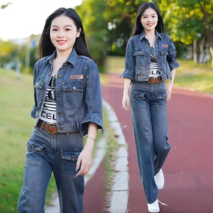 天猫港味复古一整套牛仔套装女秋装时尚休闲穿搭衬衫搭配裤子两件套潮