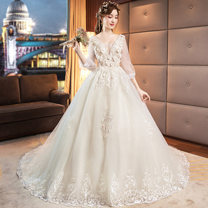 轻主婚纱礼服2019新款新娘结婚拖尾长袖香槟色法式赫本奢华出门服