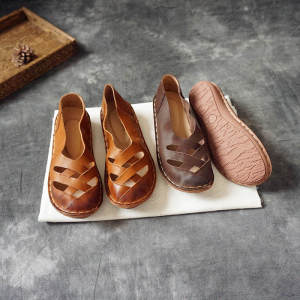 烁掌柜自制复古文艺手工缝制真皮森女鞋头层牛皮低跟圆头舒适凉鞋