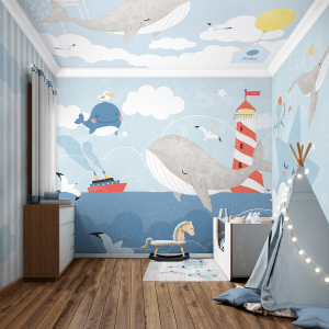 儿童房壁画 男女孩卧室背景墙壁布 海洋动物鲸鱼卡通定制无缝墙布