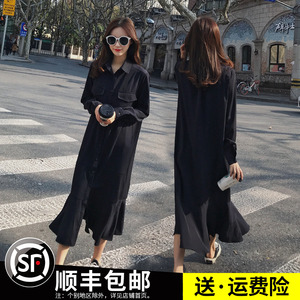 黑色长袖连衣裙女2023春季新款法式超长款单排扣宽松气质鱼尾长裙