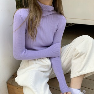 chic紧身弹力浅紫色香芋紫高领毛衣女韩版修身打底衫女内搭上衣潮
