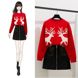 两件套圣诞麋鹿红色毛衣减龄毛衣短裙秋冬职业装气质女神范套装裙