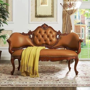美式全实木贵妃椅客厅真皮沙发休闲椅雕花洽谈椅欧式躺椅卧室尾凳