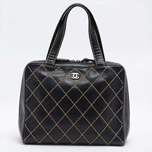 chanel香奈儿黑银外缝线牛皮波士顿保龄球手提包vintage中古包