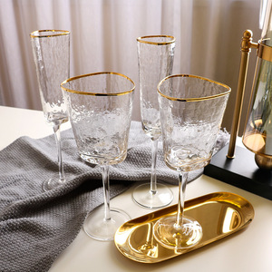 玻璃杯水杯金边锤目纹家用套装ins日式饮料杯果汁杯高脚杯红酒杯