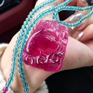 巴西老料卢比来荧光双桃红碧玺福寿如意女款吊坠红碧玺本命年吊坠