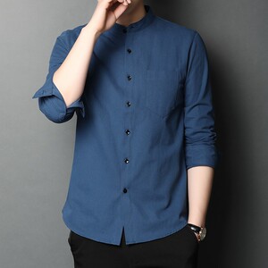 纯棉衬衫男长袖立领宽松休闲商务衬衣2022新款春秋季无领纯色上衣