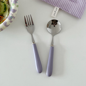 穆尼 ins香芋紫甜品勺沙拉叉陶瓷手柄不锈钢叉勺家用饭勺汤勺餐具