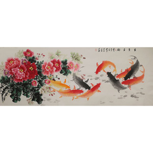 中国书画真迹国画小六尺横幅牡丹鱼客厅中式花鸟装饰画九鲤鱼301