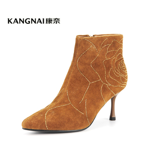 康奈女鞋专柜正品冬季羊反绒细高跟拉链短绒内里尖头磨砂真皮短靴