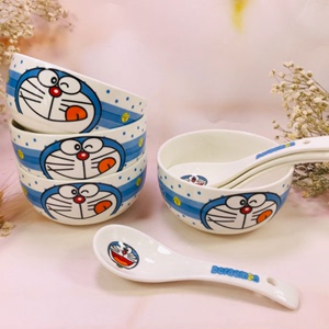 儿童陶瓷饭碗勺筷卡通餐具套碗礼盒套装家用单个碗KT叮当猫骨瓷碗