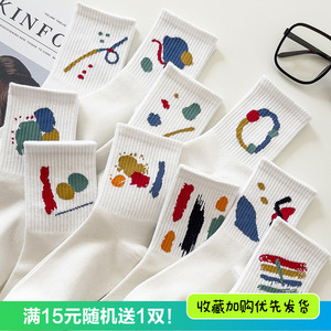 90耐威丽旗舰店天猫白色袜子女中筒袜ins潮春夏秋季涂鸦日系网红款